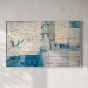 Horizontal abstract painting with a blend of blue and white tones, with artistic brush strokes and abstract text or signatures in a lighter color.