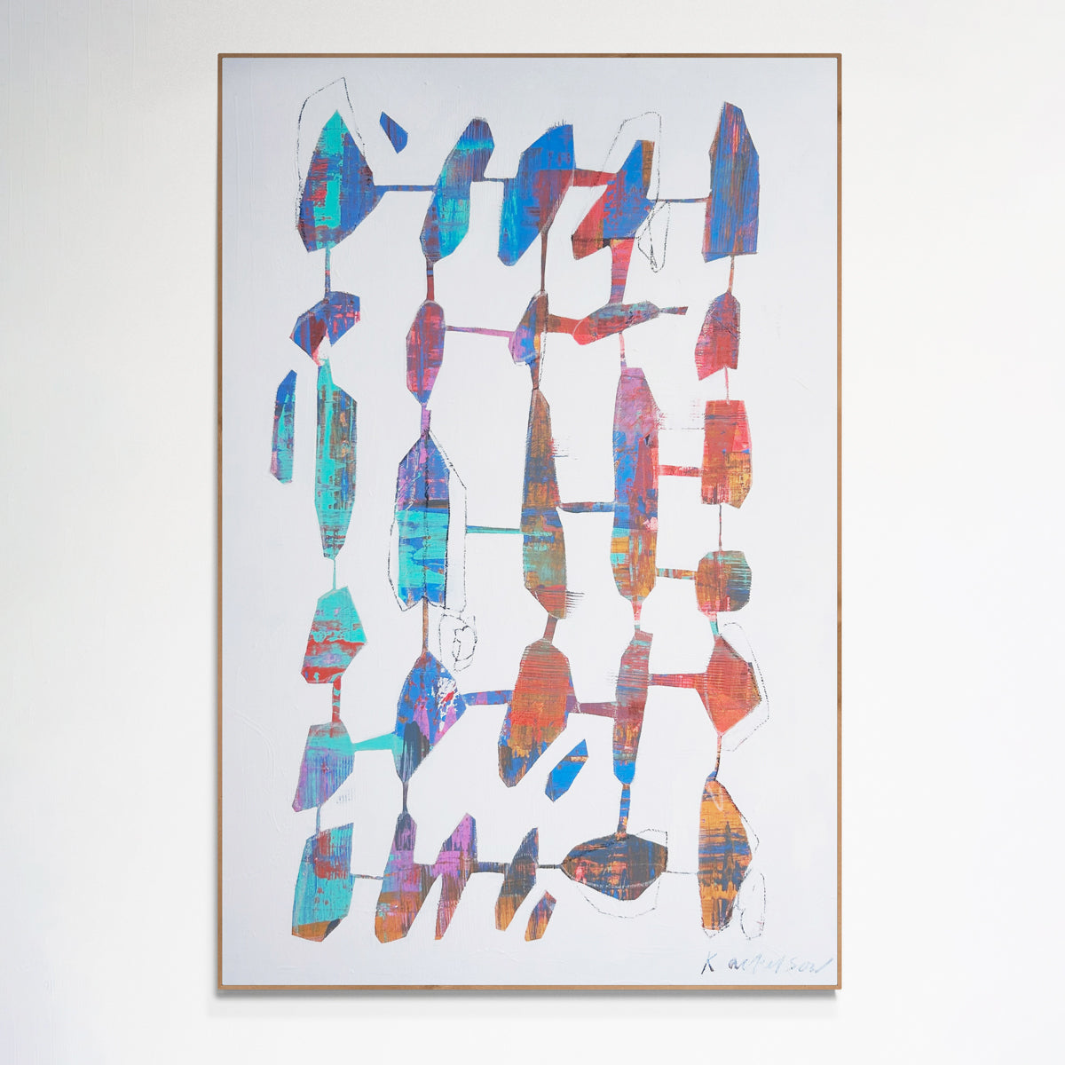 Abstract art piece with colorful geometric shapes on a white background.