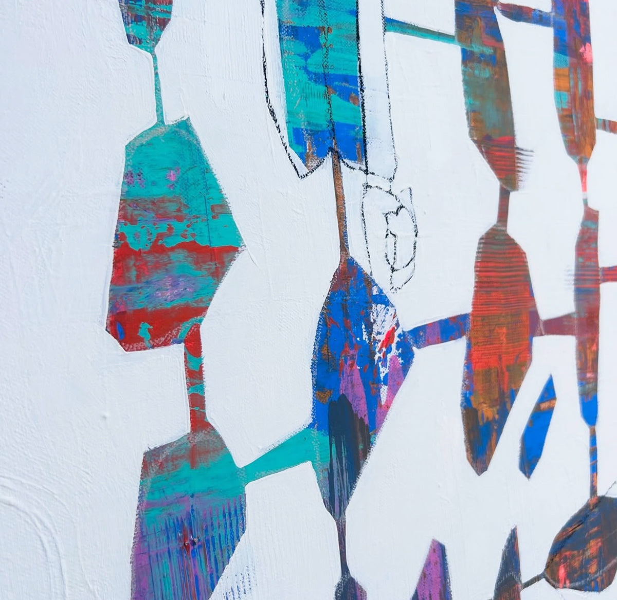 Abstract art with colorful geometric shapes on a textured white background.