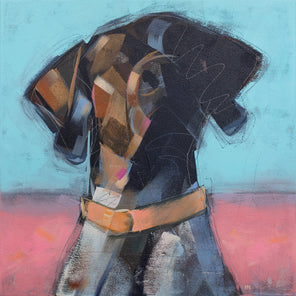 An abstracted painting of a dog by Russell Miyaki. 