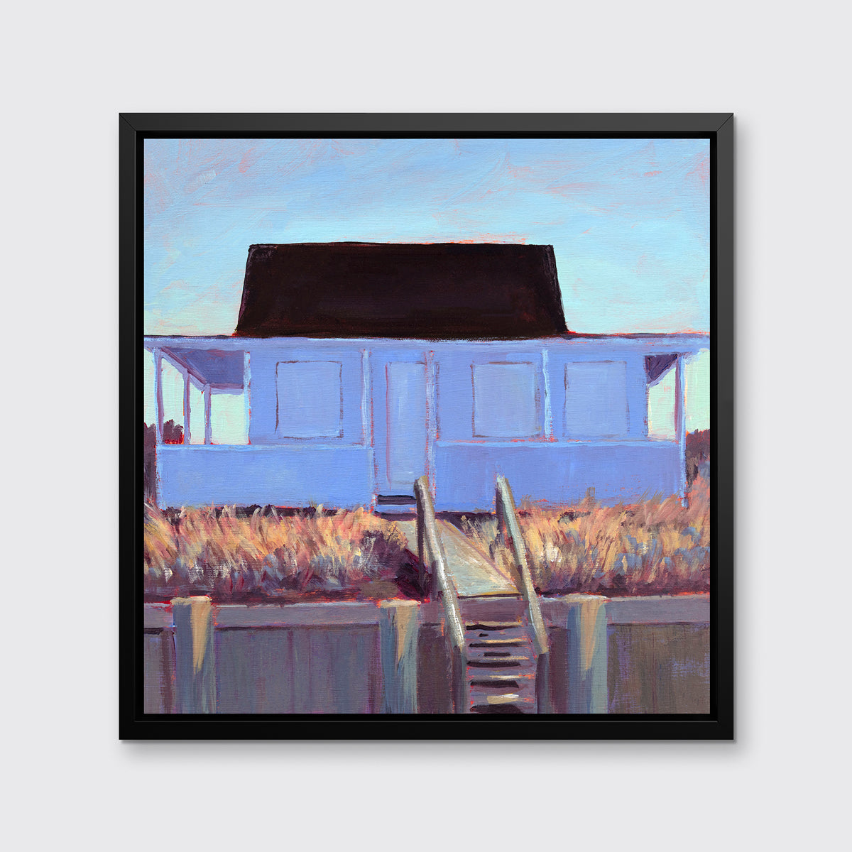 A light blue, lavender, burnt orange and brown contemporary cottage print in a black floater frame hangs on a white wall.