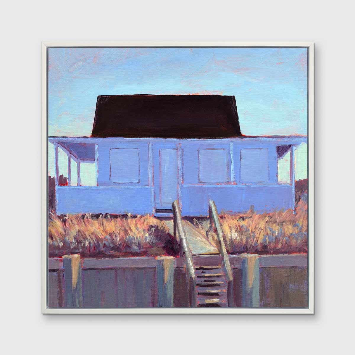 A light blue, lavender, burnt orange and brown contemporary cottage print in a white floater frame hangs on a white wall.