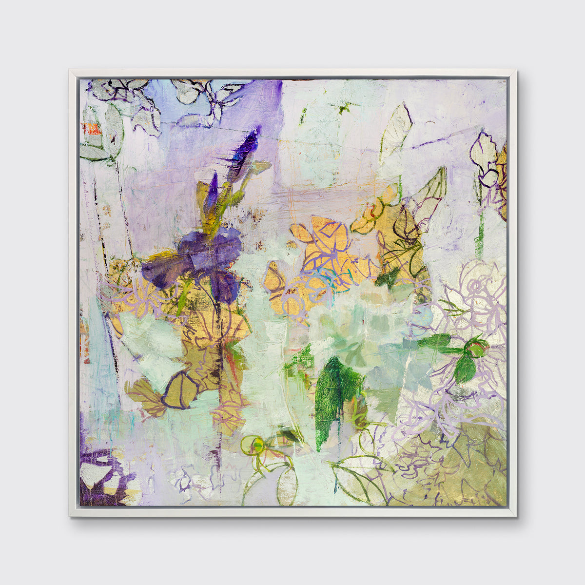 A purple, gold and green abstract print in a white floater frame hangs on a white wall.