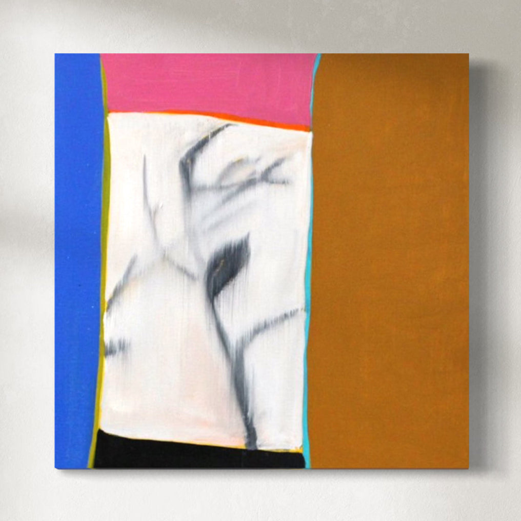 A abstract artwork featuring geometric shapes in various colors including blue, pink, white, black, and brown, with a canvas texture.