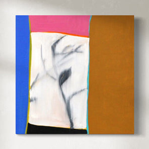 A abstract artwork featuring geometric shapes in various colors including blue, pink, white, black, and brown, with a canvas texture.