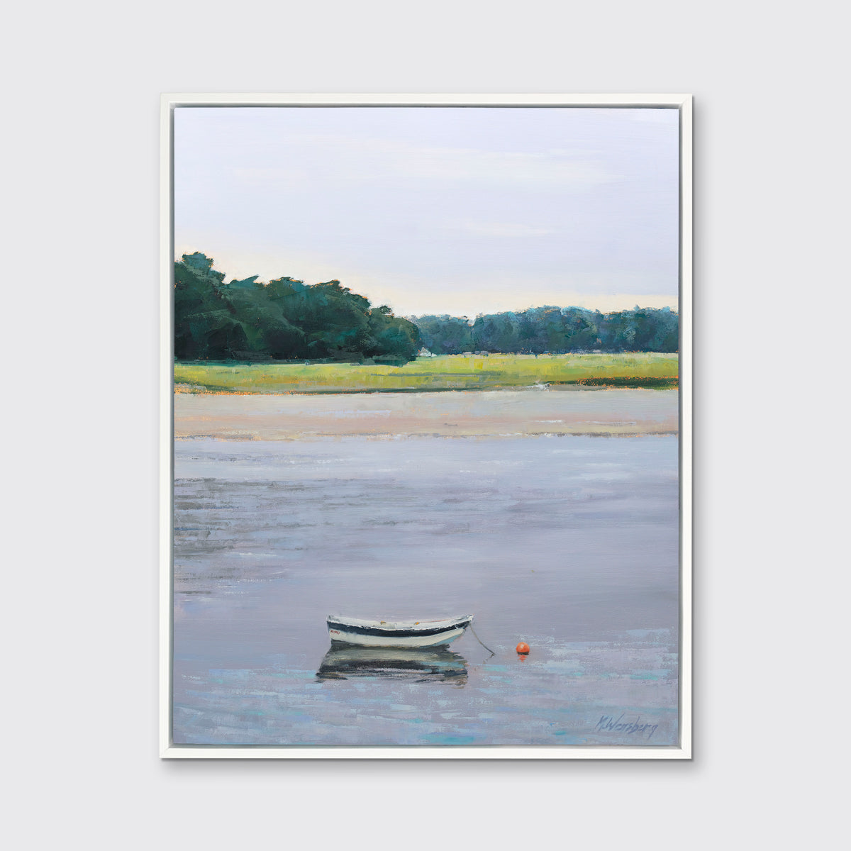A limited edition landscape print framed in a white floater frame hangs on a white wall.
