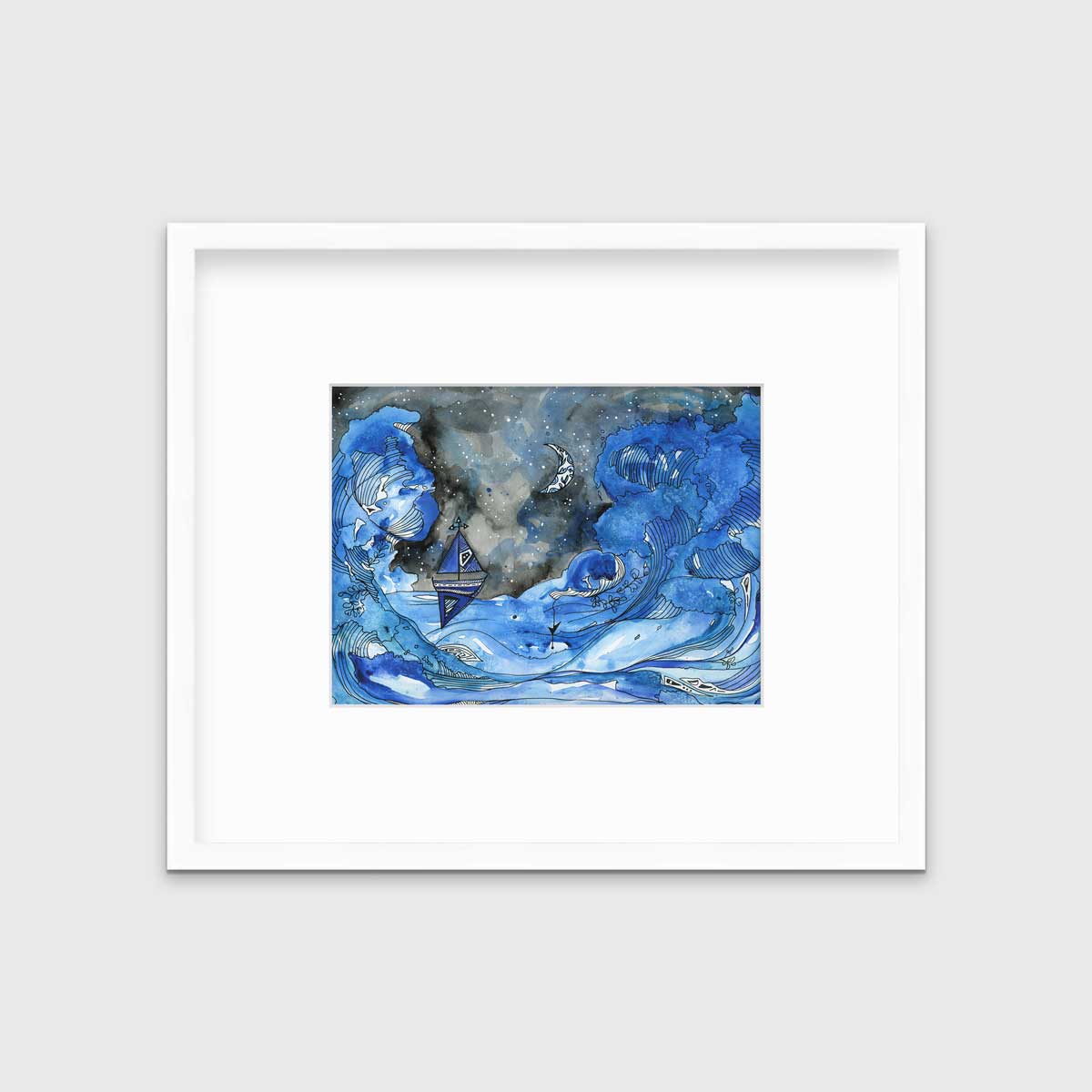 A black, blue and white seascape illustration print framed in a white frame with a mat hangs on a white wall.