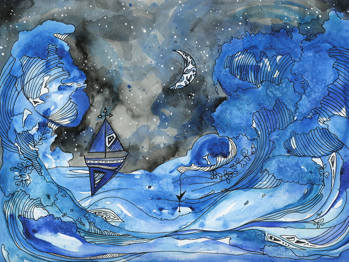 A black, blue and white seascape illustration print by Melissa Kircher.
