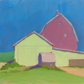 An abstracted contemporary landscape painting with a pink and green barn by Carol Young. 