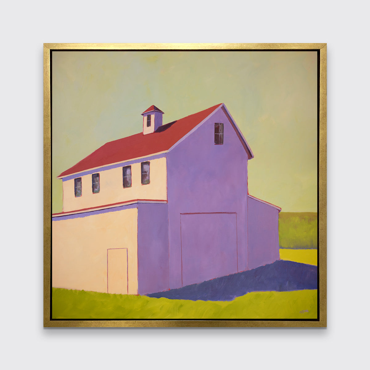 A lavender, green, beige and red contemporary barn print in a gold floater frame hangs on a white wall.