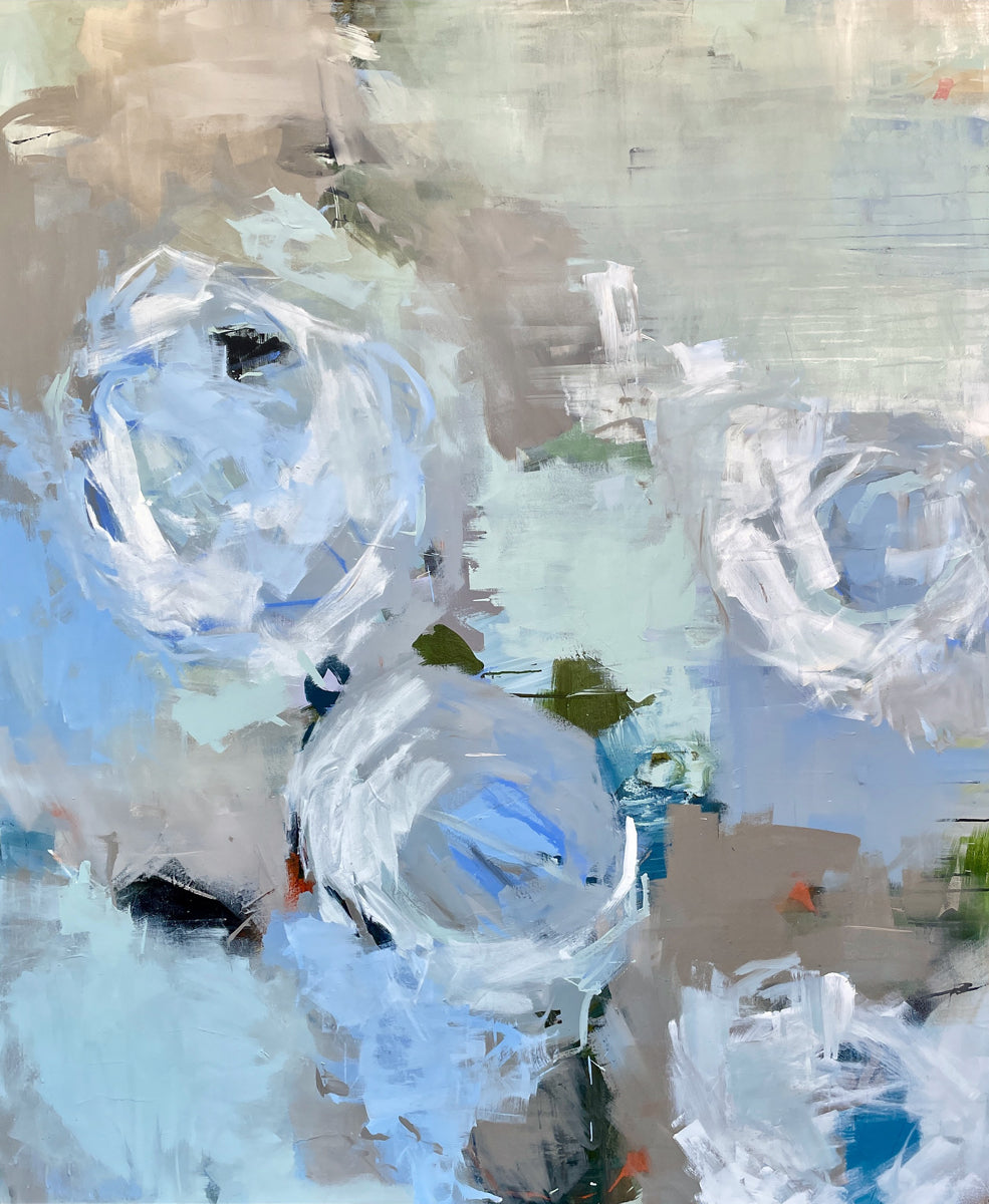 Abstract painting of white flowers with blue accents on a textured background