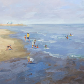 A light blue painting of people playing and swimming along a beach shoreline. 