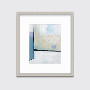 A white, black, blue and chartreuse abstract print in a silver frame with a mat hangs on a white wall.