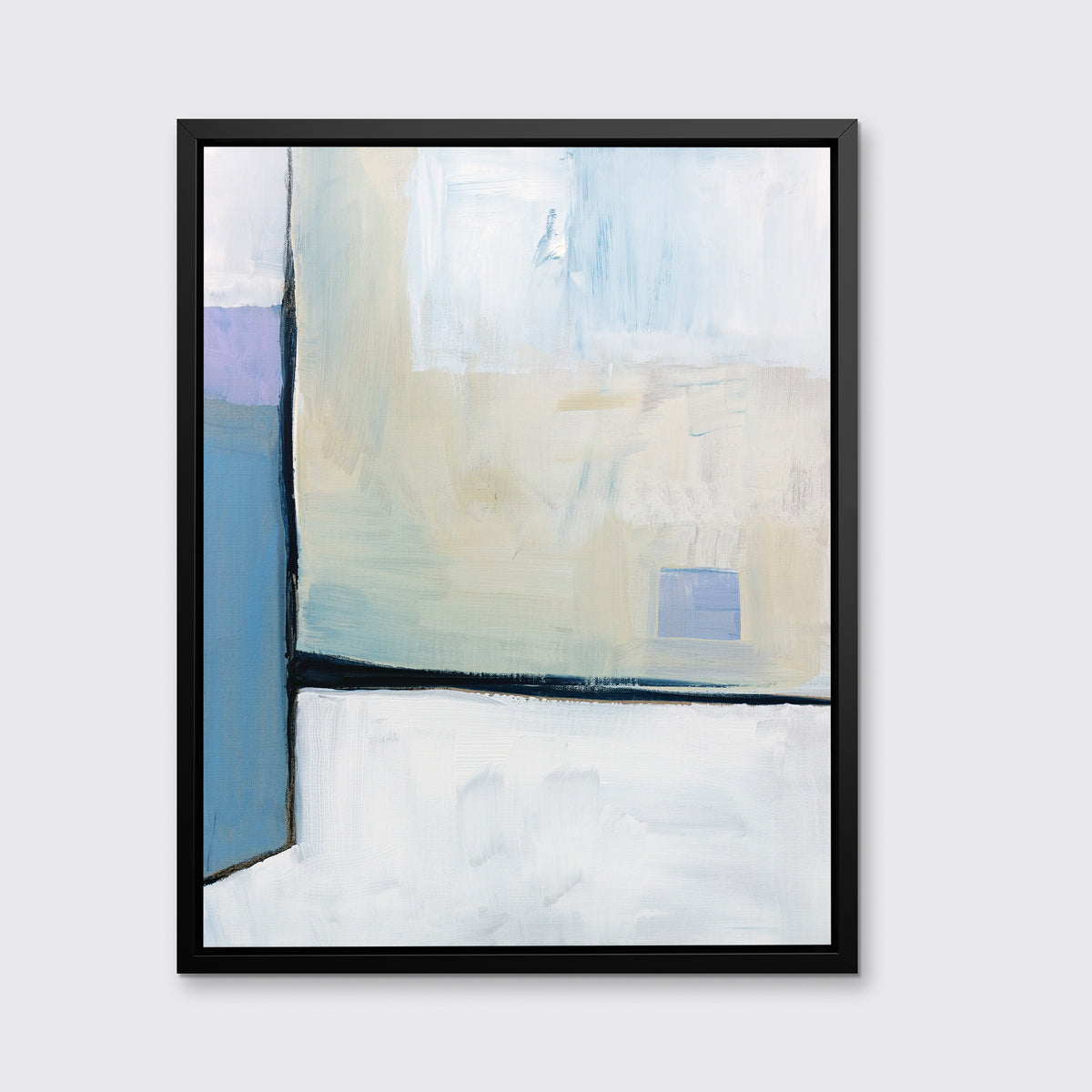 A white, black, blue and chartreuse abstract print in a black floater frame hangs on a white wall.