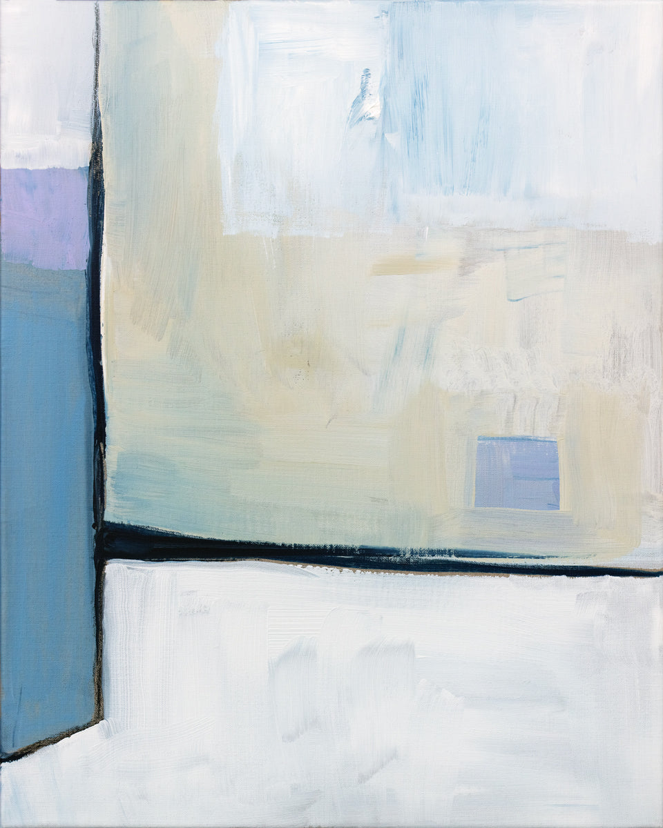 A white, black, blue and chartreuse abstract print by Sue De Chiara.