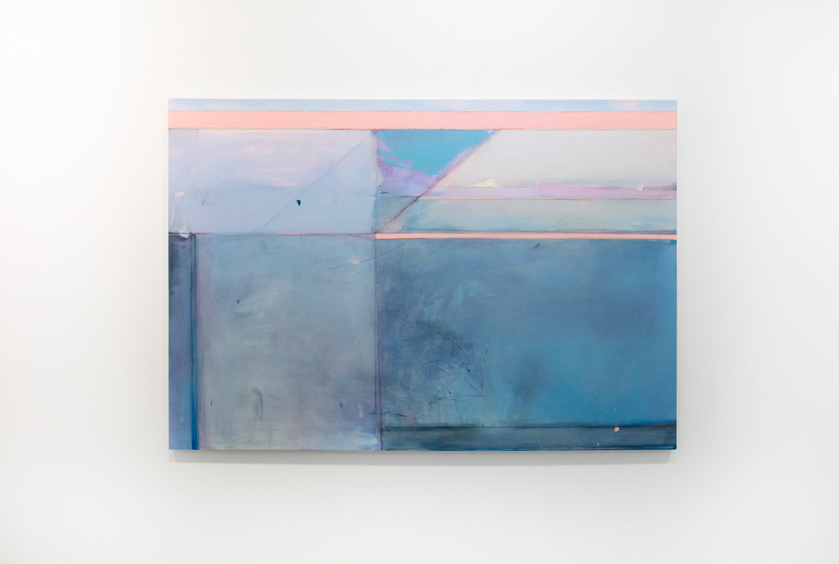 A blue and pink abstract painting hangs on a white wall.