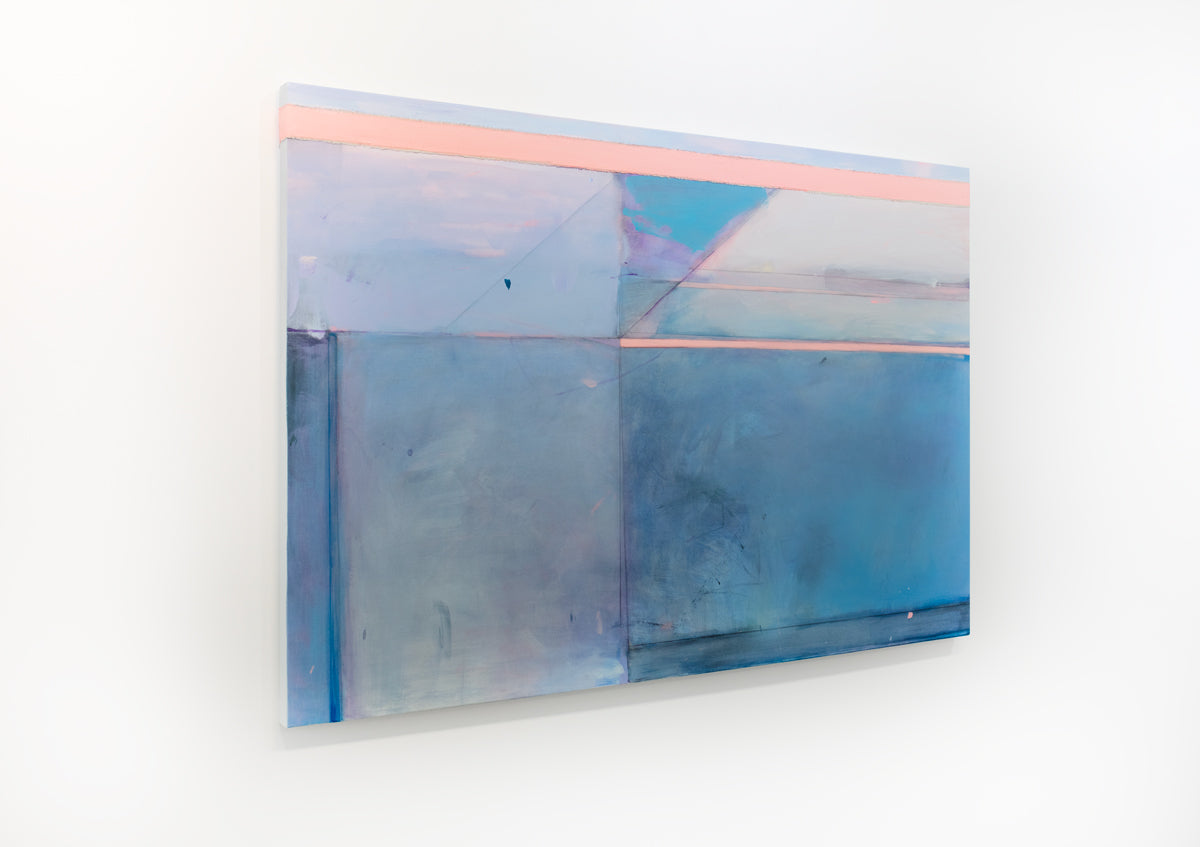 A blue and pink abstract painting hangs on a white wall.
