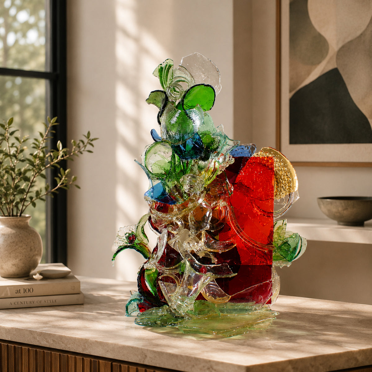 Colorful glass sculpture on a table with a neutral background
