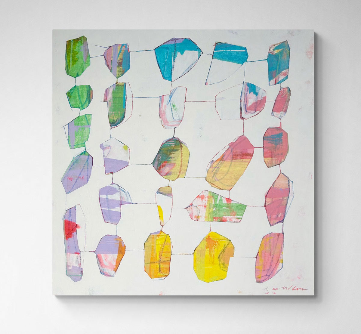 An abstract painting by Kayla Ackelson hangs on a white wall.