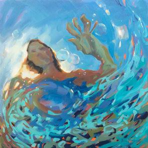 A painting of an abstracted figure is waving through water.