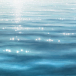 A blue coastal painting of light glistening over the surface of water by Laura Browning.