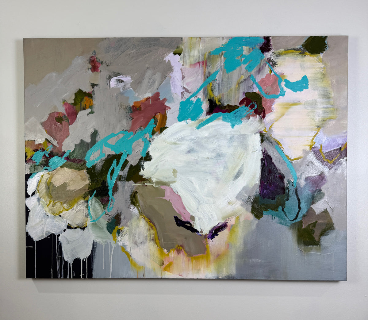 Abstract painting with colorful brush strokes on a gray background