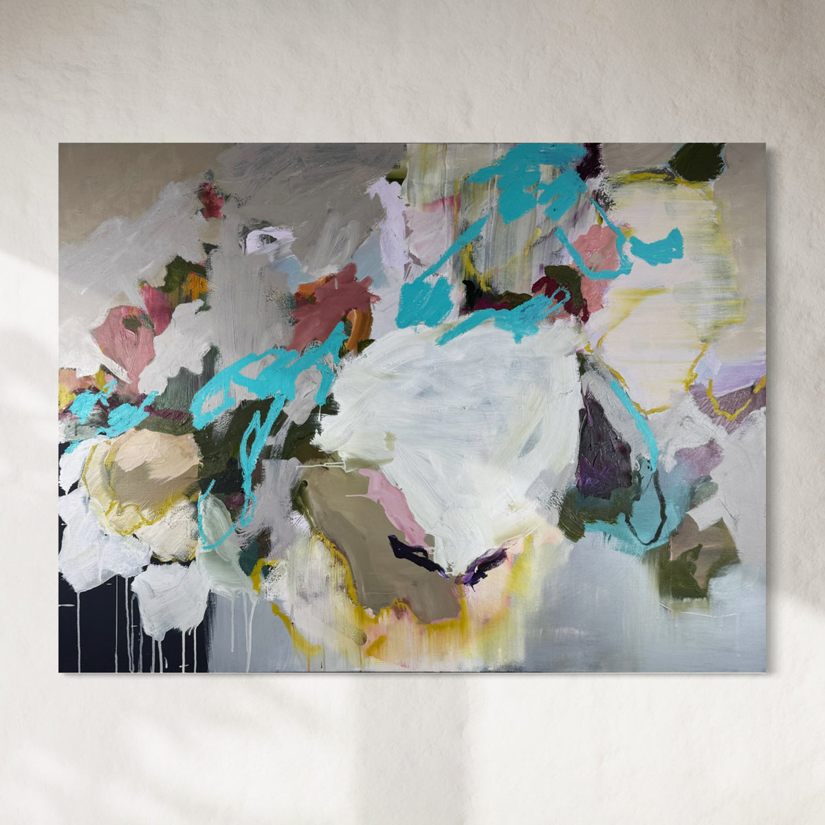 Abstract painting with colorful brush strokes on a gray background