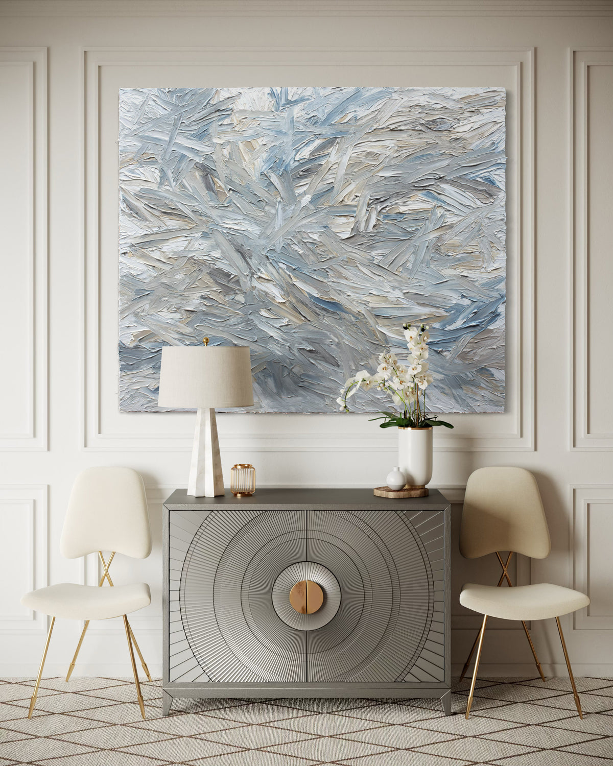 Modern interior with an original abstract painting by Teodora Guererra, console table, and chairs.