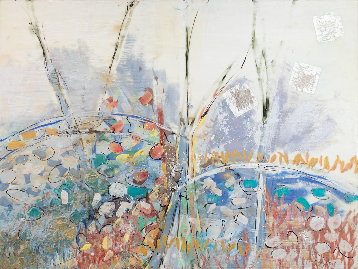 A multicolored abstract painting by Linda Bigness.