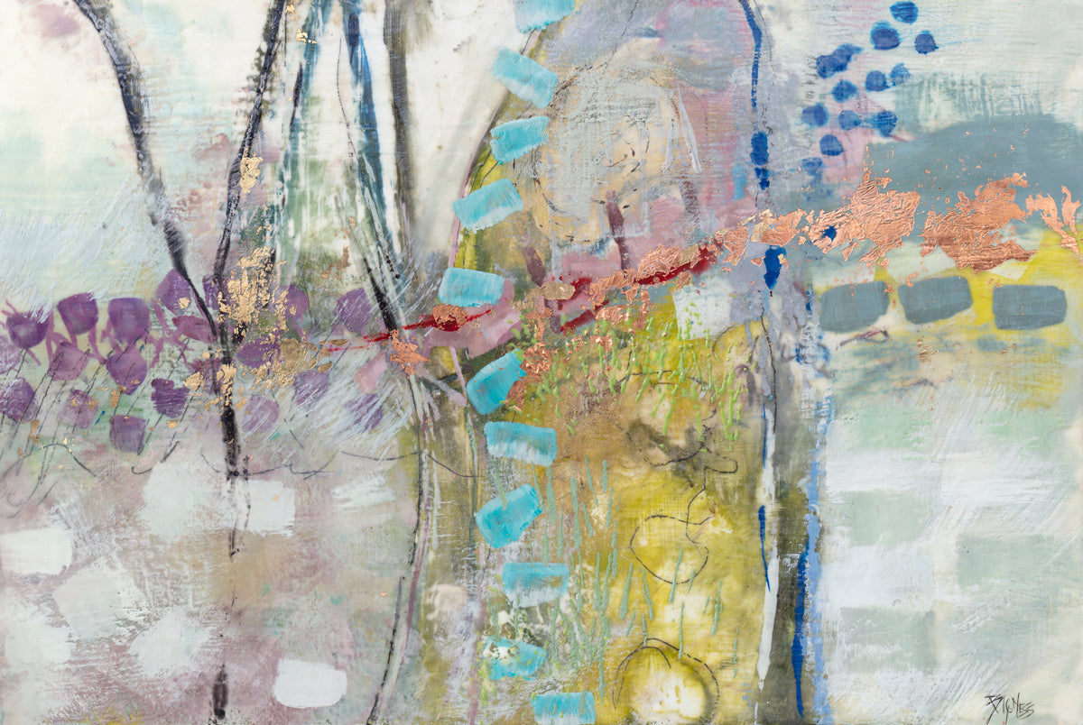 A multicolored abstract print by Linda Bigness.