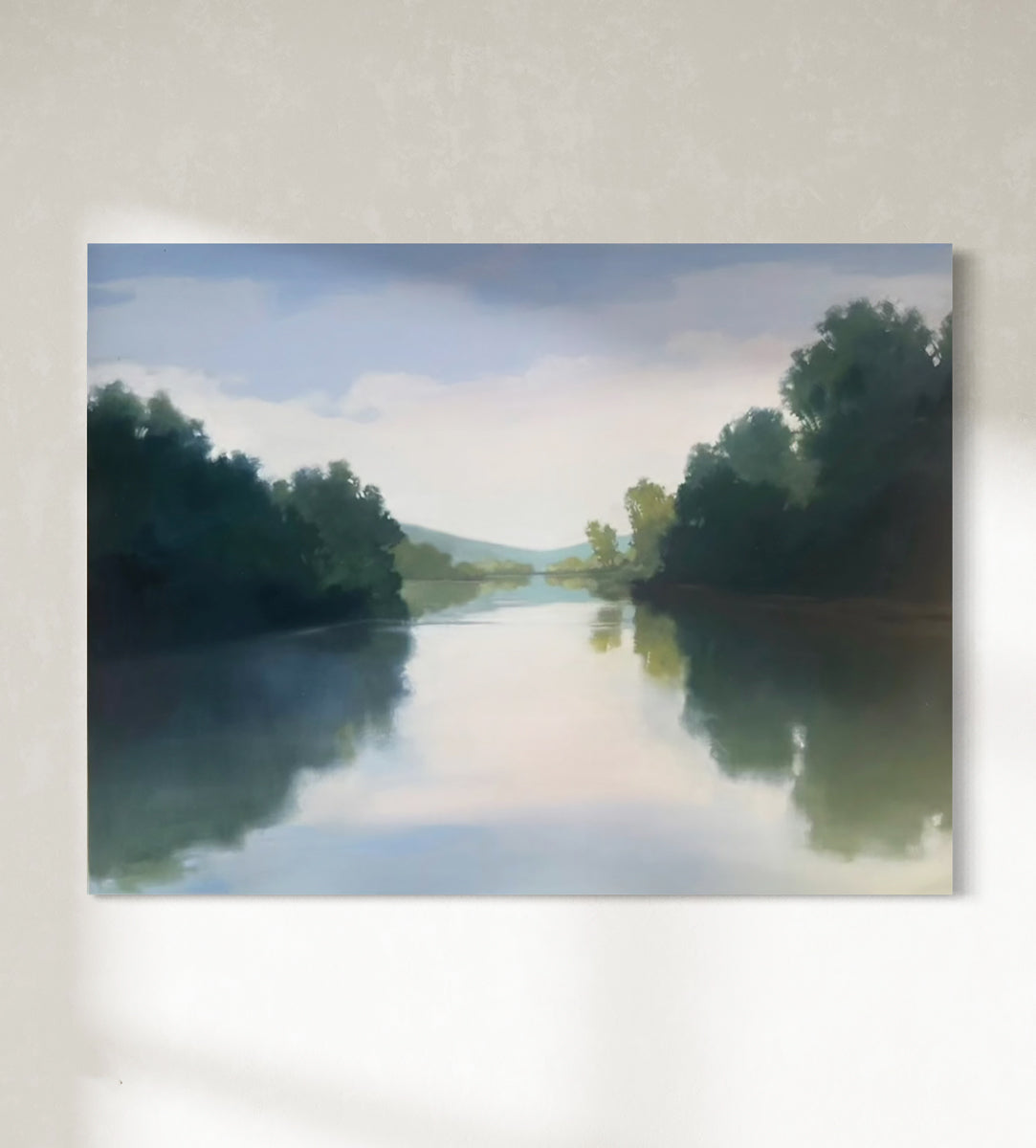 Painting of a serene landscape with a river and trees on a light gray background