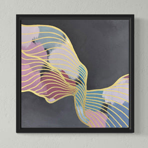 Framed abstract art with wavy lines on a gray wall