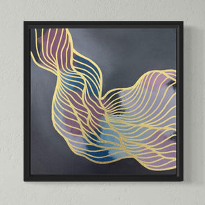 Framed abstract artwork with colorful wavy lines on a gray wall.