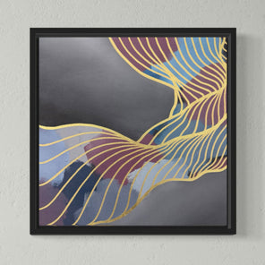 A framed abstract artwork with wavy lines in blue, gold, and purple on a gray background.