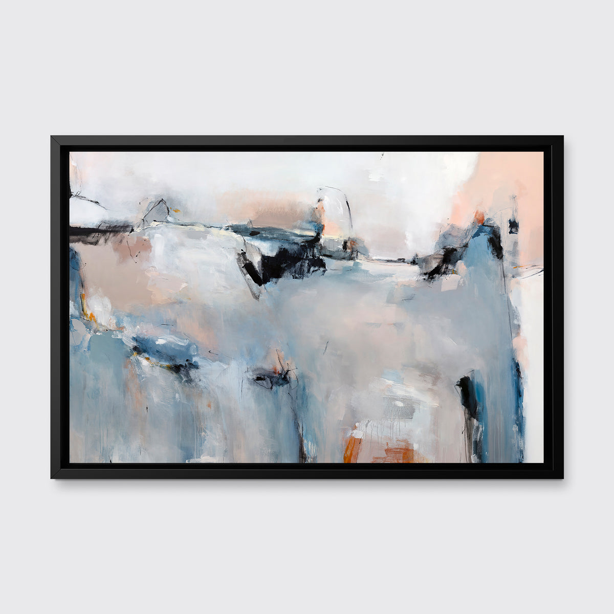 A blue, light pink and white abstract print in a black floater frame hangs on a white wall.
