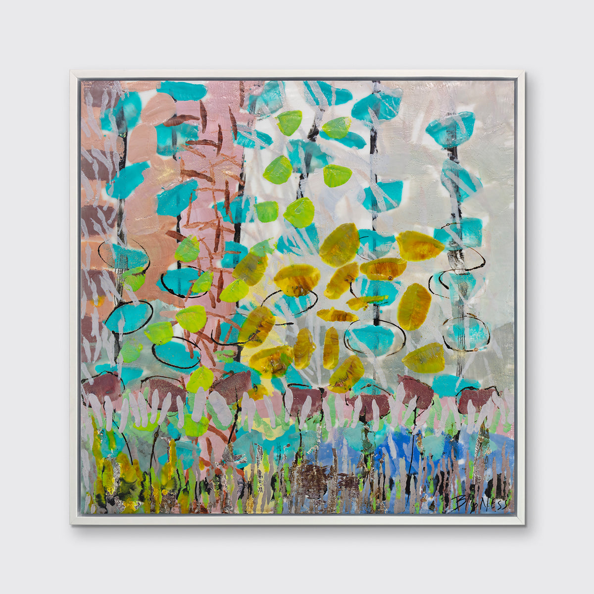 An abstract floral print in a white floater frame hangs on a white wall.