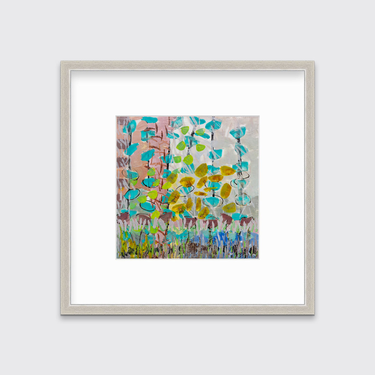 An abstract floral print in a silver frame with a mat hangs on a white wall.