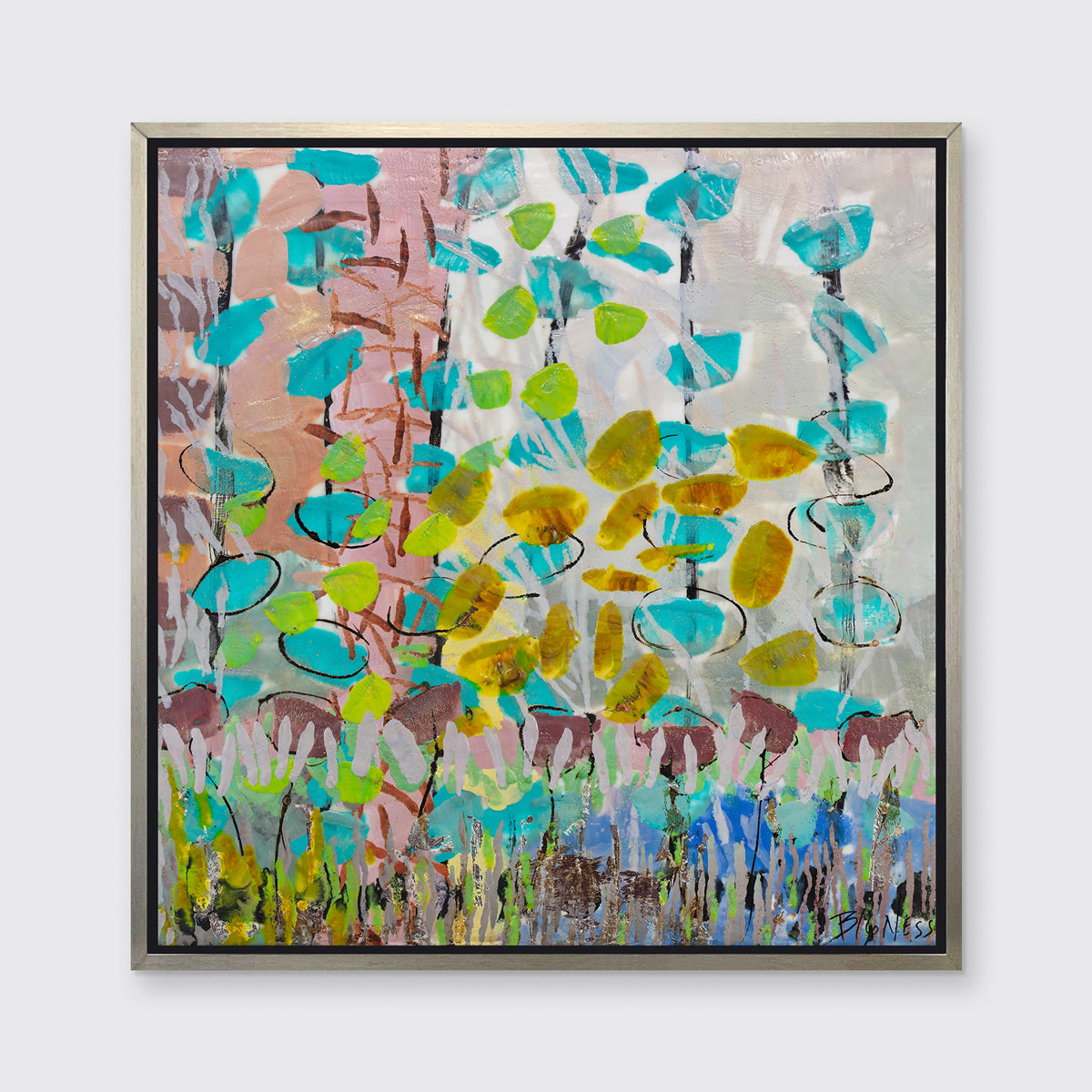 An abstract floral print in a silver floater frame hangs on a white wall.