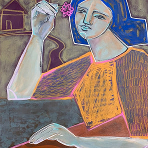 A blue, orange, yellow and deep violet abstracted painting of a woman holding a pink flower. 