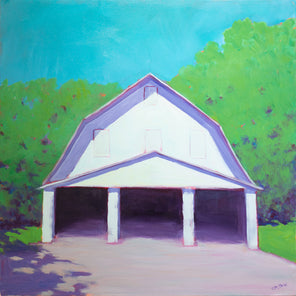 A landscape painting of a white barn with three open doors, lavender shadows, blue sky and surrounded by greenery by Carol Young.