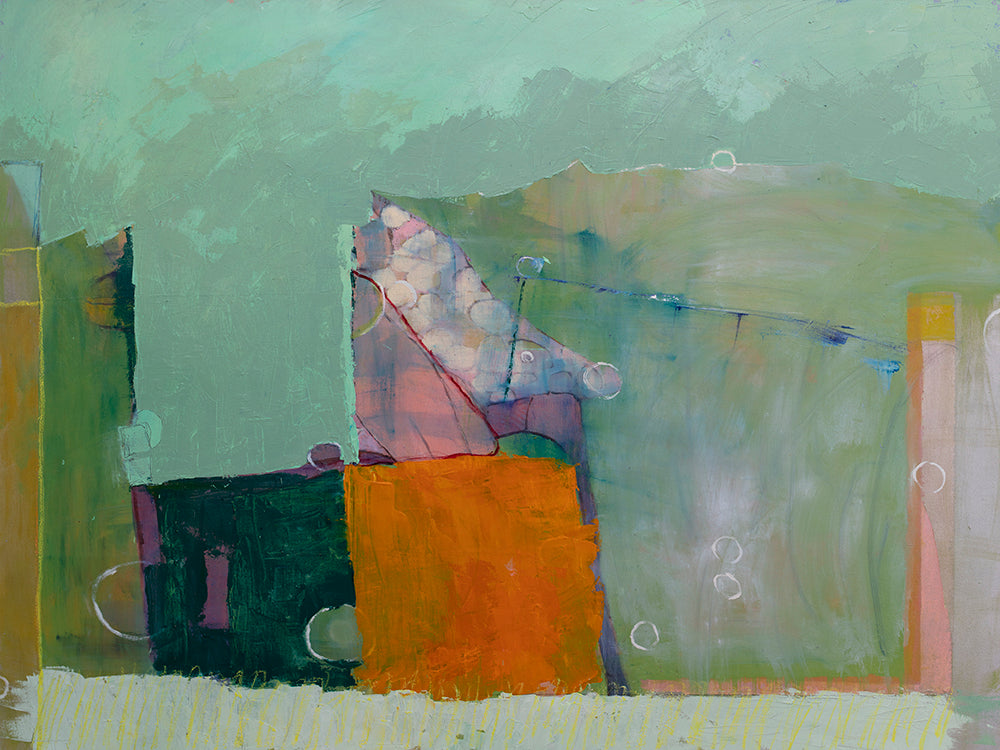 A green abstract print with orange and purple accents by Christine Averill-Green.