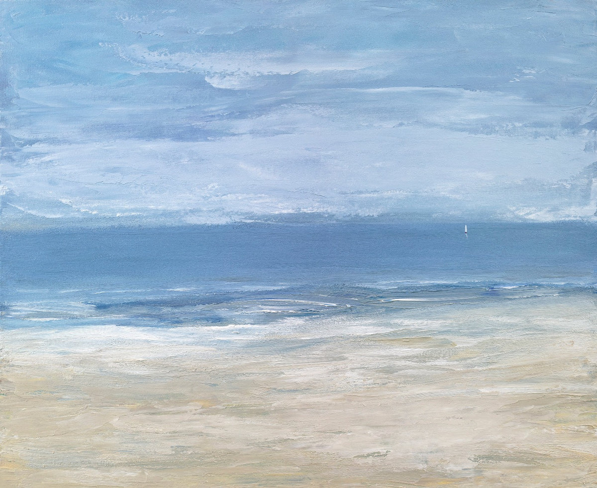 A textured painting of a beach scene with one sailboat out in the distance.