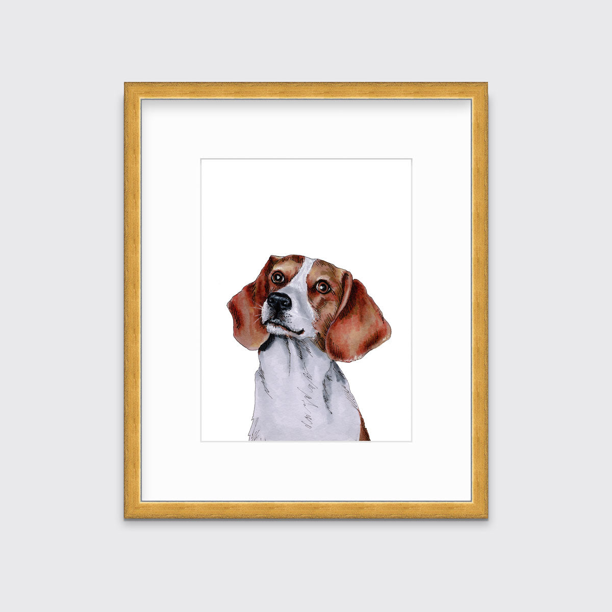 An illustration of a beagle dog framed in a gold frame hangs on a white wall.