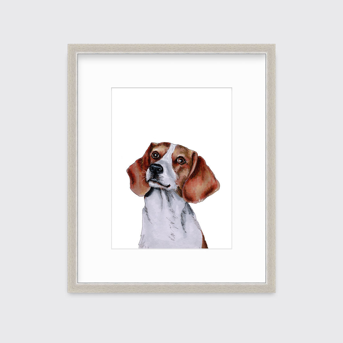 An illustration of a beagle dog framed in a silver frame hangs on a white wall.