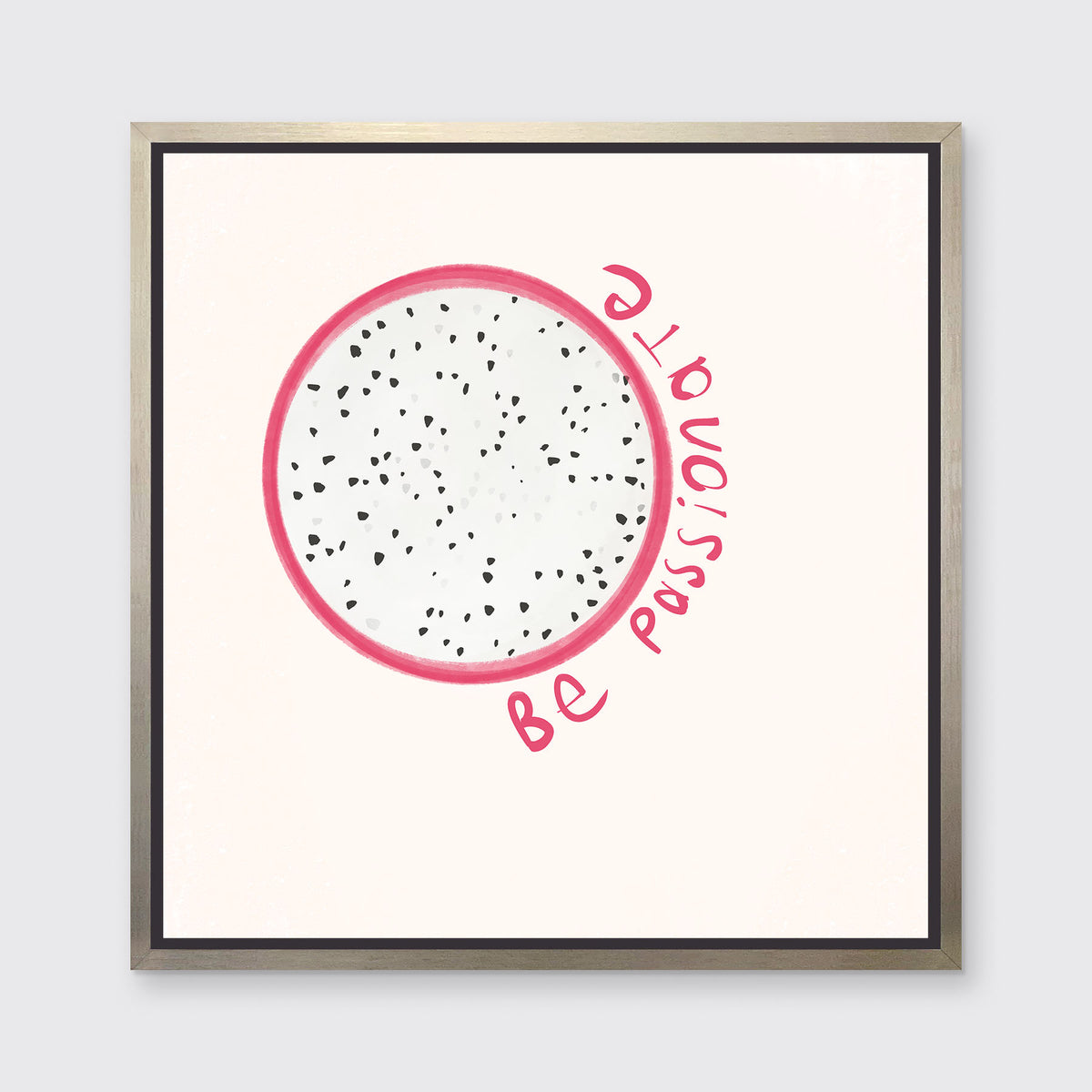 An abstract art print of a fruit framed in a silver floater frame hangs on a light wall.
