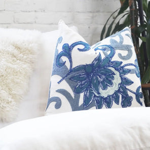 Blue And White  White Floral Embroidered Throw Pillow