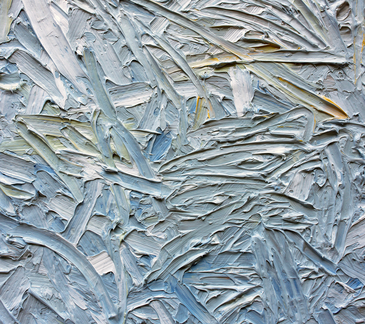 Detail shot of an abstract painting with textured brushstrokes in gray, blue, and green tones.