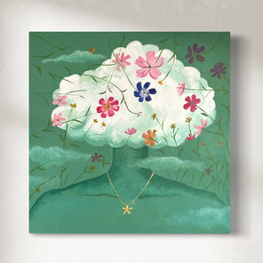 Floral painting with a necklace on a green background