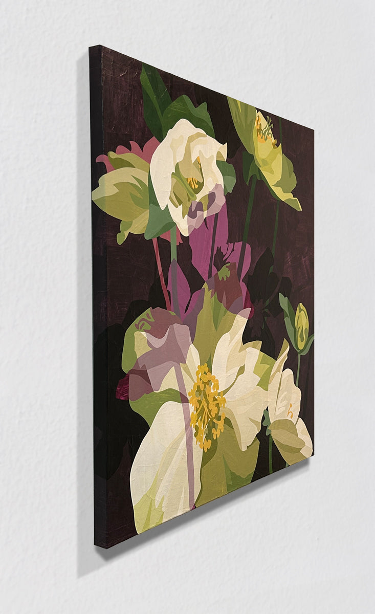 Floral artwork, side view on a white wall