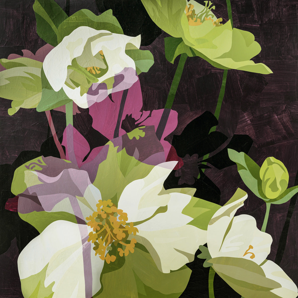 Floral design with white and green flowers on a dark background
